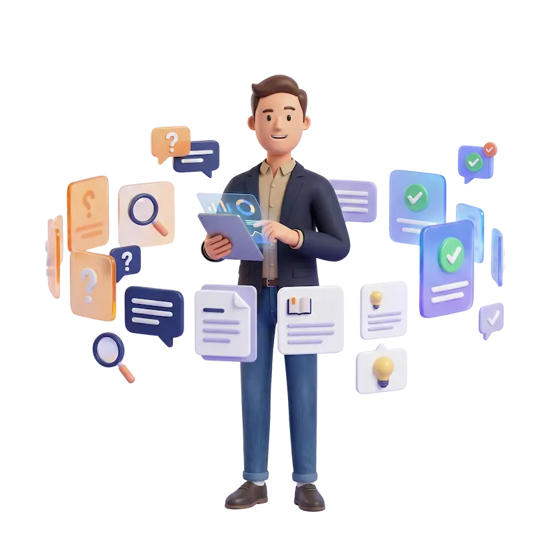 FAQ help center illustration showing person with question marks and customer support